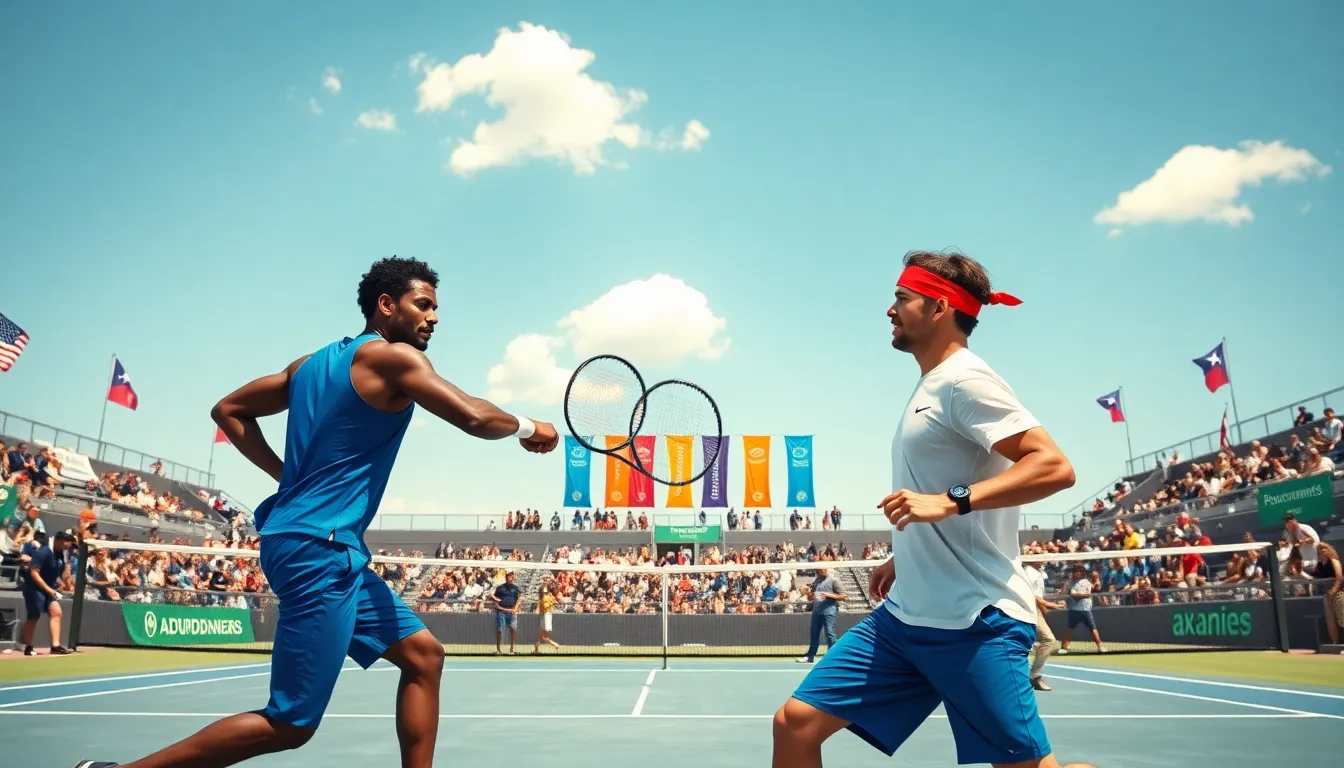 two male tennis players competing in a doubles match outdoors.